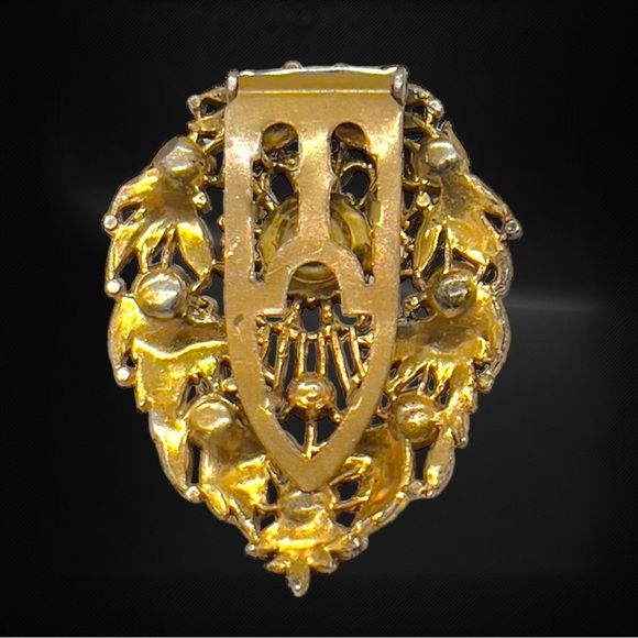 Vintage Retro Open Work Design Brassy Pot-metal & Clear Glass Stone Fur Clip - Picture 4 of 6